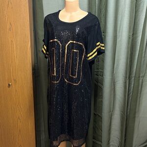 Black Sequin Jersey Dress with Gold Accents